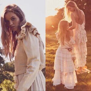 LoveShackFancy Beige Ruffle‎ Sleeve Sweatshirt Cropped Size P or XS Bohemian Top